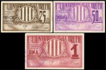 Bruch (Barcelona). 25, 50 céntimos y 1 peseta. (Montaner-369c, d, e). Serie completa. EBC-/EBC. Est...30,00.