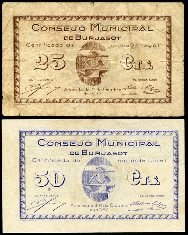 Burjasot (Valencia). 25, 50 céntimos. (Montaner-374a, b). MBC/EBC+. Est...50,00....