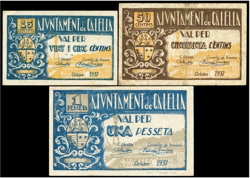 Calella (Barcelona). 25, 50 céntimos y 1 peseta. (Montaner-398b, c, d).  Serie 2...