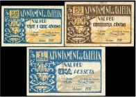 Calella (Barcelona). 25, 50 céntimos y 1 peseta. (Montaner-398b, c, d).  Serie 2ª emisión completa. MBC/SC-. Est...35,00.