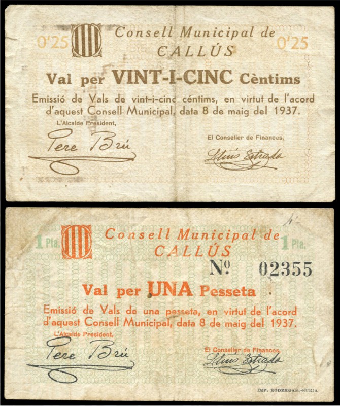Callús (Barcelona). 25 céntimos y 1 peseta. (Montaner-408a, c). MBC. Est...20,00...