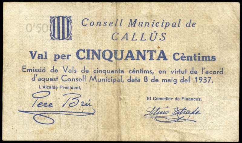Callús (Barcelona). 50 céntimos. (Montaner-408b). MBC. Est...18,00.