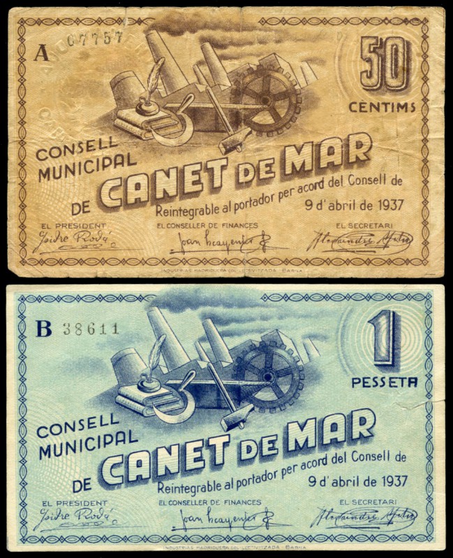Canet de Mar (Barcelona). 50 céntimos, 1 peseta. (Montaner-434b). Roturas. MBC-/...