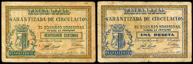 Carcagente (Valencia). 25 céntimos y 1 peseta. (Montaner-449d, f). MBC-/MBC. Est...