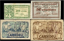 Cardedeu (Barcelona). 25, 50 (dos) céntimos y 1 peseta. (Montaner-451b, c, d). Serie completa. BC+/MBC. Est...30,00.