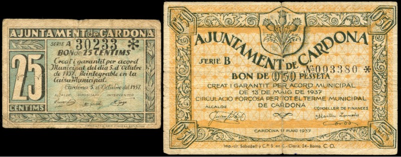 Cardona (Barcelona). 25 y 50 céntimos. (Montaner-453a, d). BC+. Est...15,00.