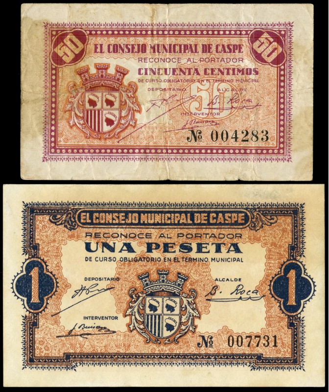 Caspe (Zaragoza). 50 céntimos y 1 peseta. (Montaner-465). Manchas. Serie complet...