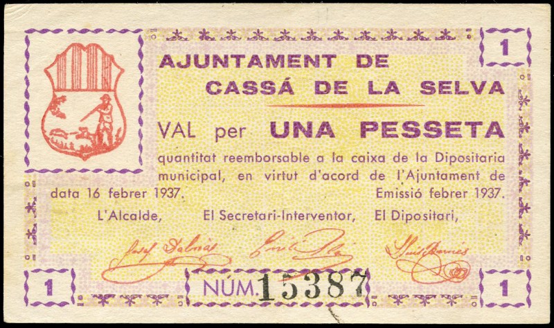 Cassà de la Selva (Gerona). 1 peseta. (Montaner-466a). EBC-. Est...20,00.