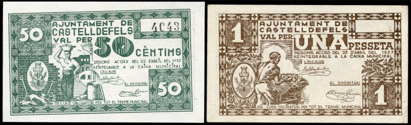Castelldefels (Barcelona). 50 céntimos, 1 peseta. (Montaner-483). Serie completa...