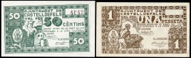 Castelldefels (Barcelona). 50 céntimos, 1 peseta. (Montaner-483). Serie completa. El billete de 1 peseta sin numeración. Escasos. EBC/SC-. Est...60,00...
