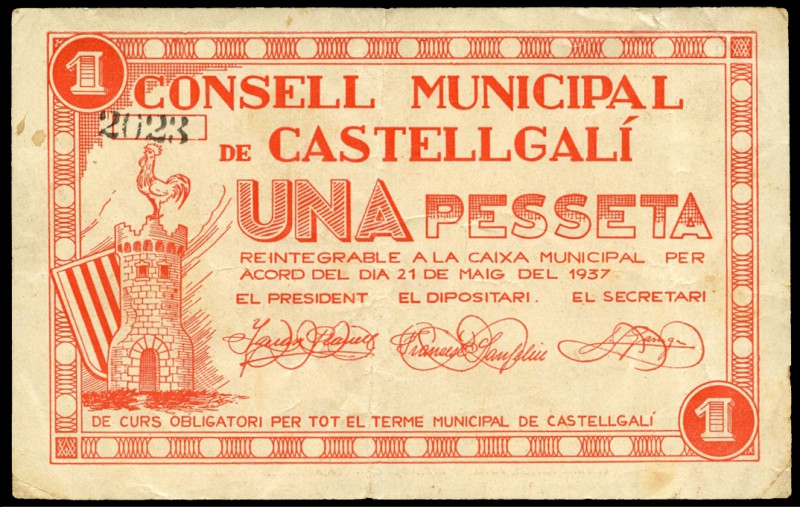 Castellgalí (Barcelona). 1 peseta. (Montaner-488b). Pequeña rotura en margen sup...