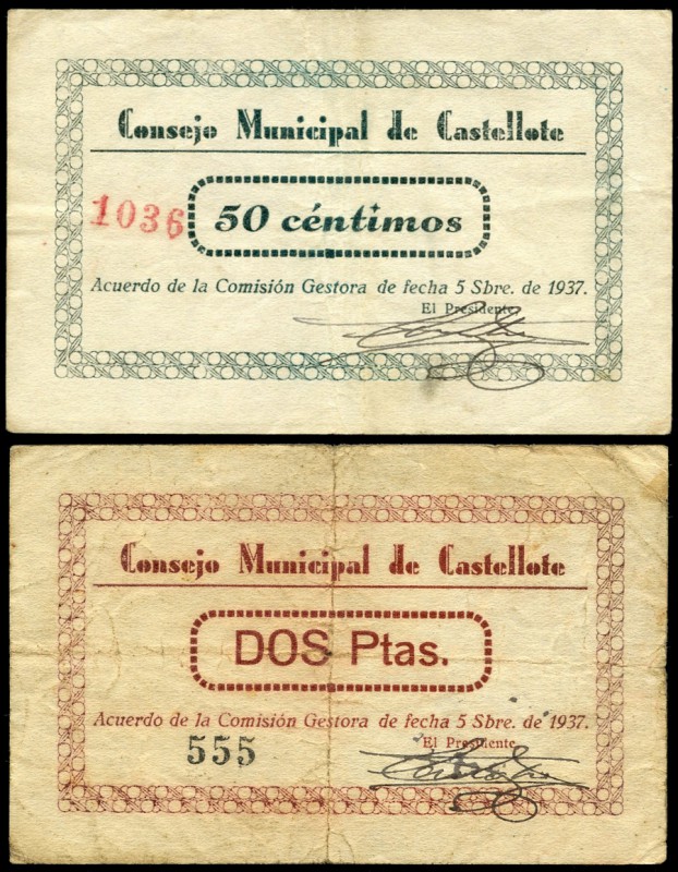 Castellote (Teruel). 50 céntimos y 2 pesetas. (Montaner-496b, d). MBC-/MBC. Est....