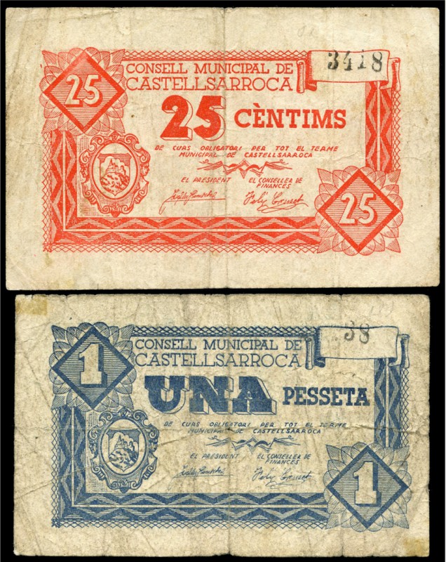 Castellsarroca (Tarragona). 25 céntimos y 1 peseta. (Montaner-497). Serie comple...