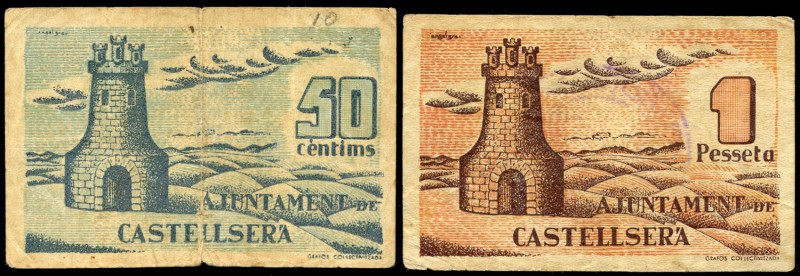 Castellserà (Lérida). 50 céntimos y 1 peseta. (Montaner-498c y d). BC+/MBC. Est....
