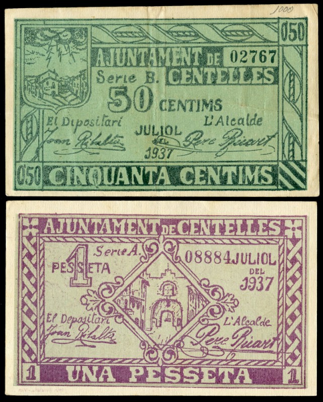 Centelles (Barcelona). 50 céntimos y 1 peseta. (Montaner-516c (mismo ejemplar), ...