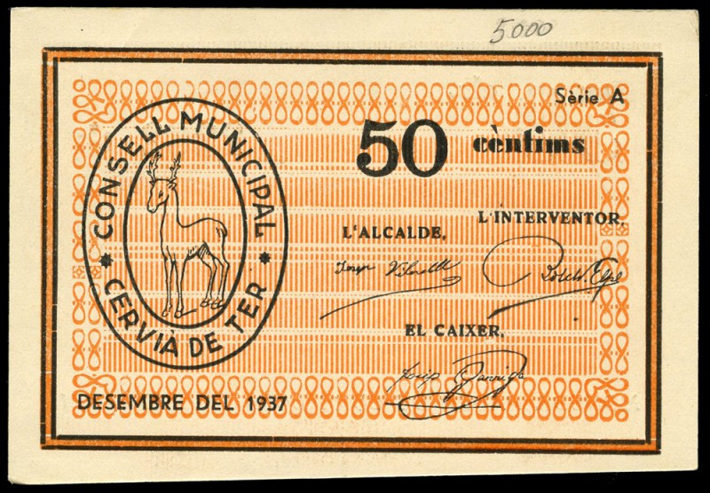 Cervià de Ter (Gerona). 50 céntimos. (Montaner-523c). Escaso. SC-. Est...30,00....
