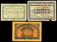 Cieza (Murcia). 25, 50 (dos) céntimos. (Montaner-525e, f, g). Lote de tres billetes de la localidad. Roturas. BC+/MBC-. Est...25,00.