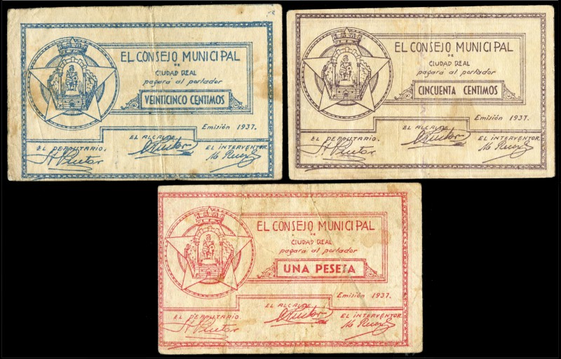 Ciudad Real. 25, 50 céntimos y 1 peseta. (Montaner-529). Serie completa de la lo...