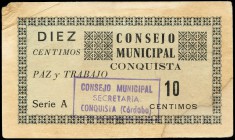 Conquista (Córdoba). 10 céntimos. (Montaner-542d). Pequeña rotura en esquina y manchas del tiempo. Raro. MBC+. Est...75,00.