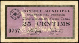 Domenys del Penedès (Tarragona). 25 céntimos. (Montaner-593c). Escaso. MBC+. Est...15,00.