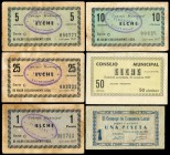 Elche (Alicante). 5, 10, 25, 50 céntimos y 1 (dos) peseta. (Montaner-600c, d, e, f, g, h). Lote de seis billetes de la localidad. MBC+/EBC. Est...45,0...