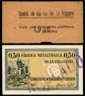 La Felguera (Asturias). 50 céntimos (dos). (Montaner-638b y no cita fábrica). 50 céntimos de la Fábrica metalúrgica de la Felguera con sobrecarga ANUL...