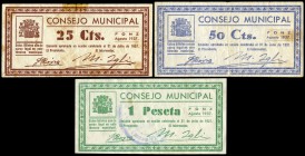 Fonz (Huesca). 25, 50 céntimos y 1 peseta. (Montaner-661). Serie completa. Escasos. MBC/MBC+. Est...90,00.