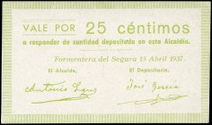 Formentera del Segura (Alicante). 25 céntimos. (Montaner-665a). Sello tampón del ayuntamiento, al dorso. Muy raro. SC. Est...60,00.