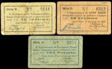 Freixanet (Tarragona). 50 (dos) céntimos y 1 peseta. (Montaner-675b, c). Cartones, el de 50 céntimos con dos variantes. MBC-/MBC. Est...20,00.