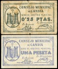 Gandía (Valencia). 25 céntimos y 1 peseta. (Montaner-695). Serie completa de dos valores. Roturas. BC+/MBC. Est...30,00.