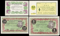 Guadix (Granada). 25, 50 (dos) céntimos y 1 peseta. (Montaner-741b, d, e, f). Lote de cuatro billetes de la localidad. EBC+/SC-. Est...35,00.