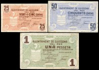Guissona (Lérida). 25, 50 céntimos y 1 peseta. (Montaner-755d, e y f). Serie completa. EBC-/EBC. Est...20,00.