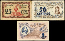 Játiva (Valencia). 25, 50 céntimos y 1 peseta. (Montaner-792a, b, c). BC+/MBC+. Est...25,00.