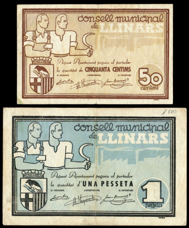 Llinars del Valles. 50 céntimos y 1 peseta. (Montaner-852). Serie completa de do...