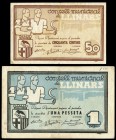 Llinars del Valles. 50 céntimos y 1 peseta. (Montaner-852). Serie completa de dos valores. MBC+. Est...15,00.