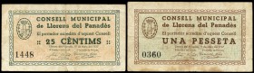 Llorens del Panadès (Tarragona). 25 céntimos y 1 peseta. (Montaner-857c, d). Manchas. MBC. Est...20,00.