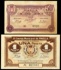 Maella (Zaragoza). 50 céntimos y 1 peseta. (Montaner-867). Serie completa. Escasos. EBC/SC-. Est...35,00.