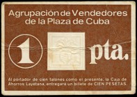 Mataró (Barcelona). 1 peseta. Cartón de la Agrupación de Vendedores de la Plaza de Cuba. MBC+. Est...9,00.