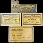 Montblanc (Tarragona). 10, 25, 50 (dos) céntimos y 1 pesetas. (Montaner-944a, c, d, e, g,). BC/MBC. Est...50,00.