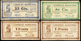 Monzón (Huesca). 25, 50 céntimos y 1 (dos) peseta. (Montaner-967a, b, c). BC/MBC-. Est...25,00.
