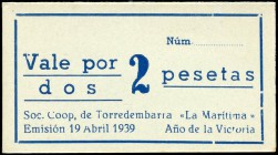 Torredembarra (Tarragona). 2 pesetas. (Montaner-no cita). Cartón de la Sociedad Cooperativa "La Marítima". Escaso. SC. Est...18,00.
