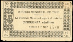 Tous (Valencia). 50 céntimos. (Montaner-1480a). Defectos. Muy escaso. EBC. Est...35,00.