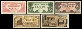Tremp (Lérida). 20, 50 (dos) céntimos y 1 (dos) peseta. (Montaner-1484c, d, e, f, g). MBC/EBC+. Est...50,00.