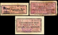 Úbeda (Jaén). 10, 25 y 50 céntimos. (Montaner-1487a, b, c). Manchas. MBC/EBC-. Est...50,00.