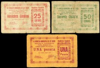 La Unión (Murcia). 25, 50 céntimos y 1 peseta. (Montaner-1495b, c, e). BC+/MBC. Est...25,00.