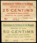 Vallbona de les Monges (Lérida). 25 y 50 céntimos. (Montaner-1524a, b). Muy raros. MBC+. Est...80,00.