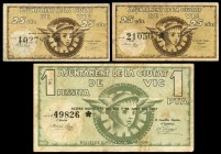 Vic (Barcelona). 25 (dos) céntimos y 1 peseta. (Montaner-1550a, c). MBC. Est...18,00.