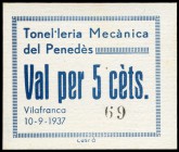 Vilafranca del Penedés (Barcelona). Vale 5 céntimos. (Montaner-1561d mismo ejemplar). Sello tampón al dorso, de Tonelería Mecánica del Panadés. Cartón...