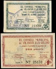 Vilanova i la Geltrú (Barcelona). 25 céntimos y 1 peseta. (Montaner-1580a, b). MBC+/EBC-. Est...15,00.