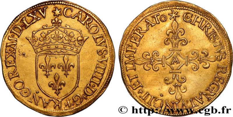 CHARLES IX
Type : Écu d'or au soleil, 1er type 
Date : 1565 (MDLXV) 
Mint name /...